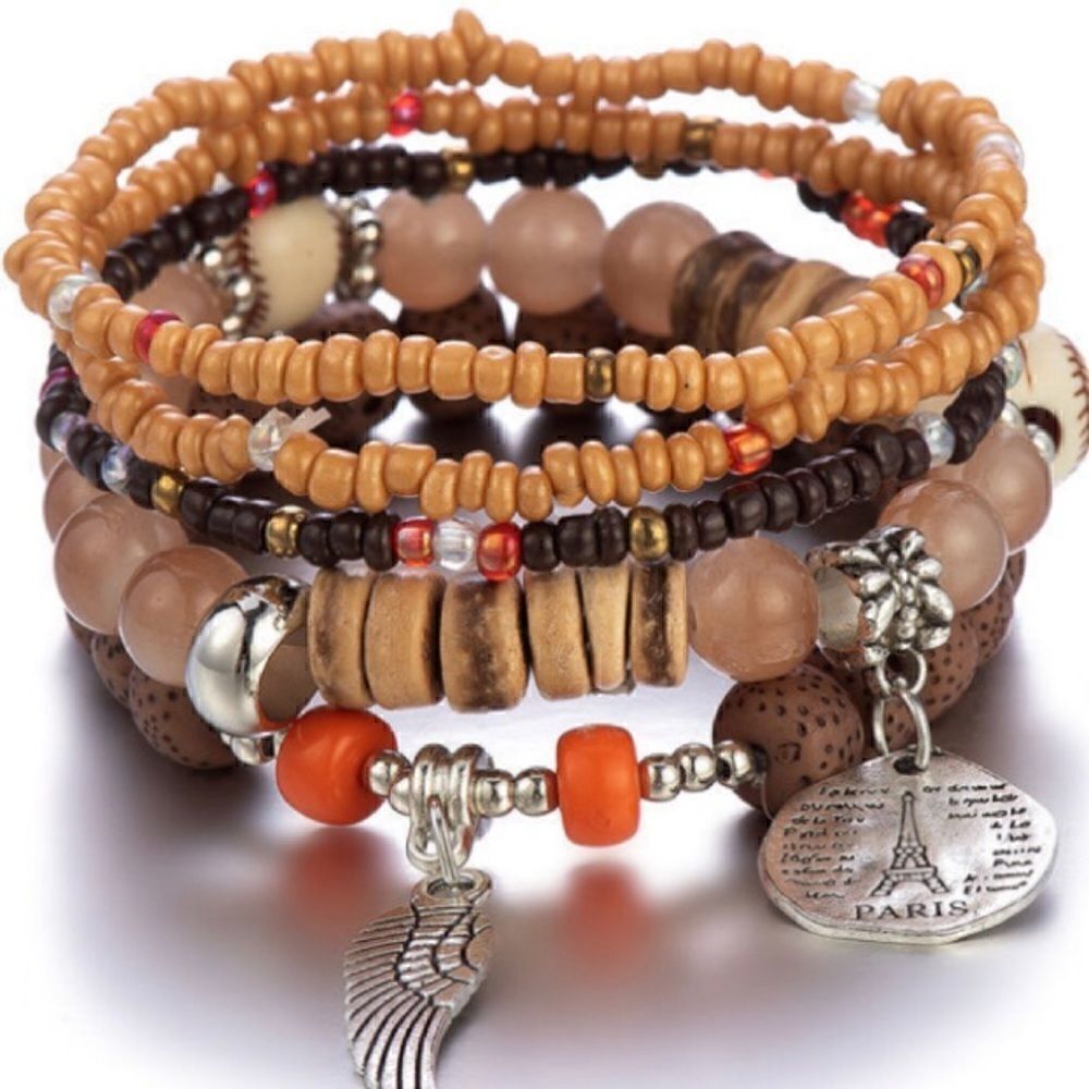 Stackable Beaded Charm Bracelets, Bohemian Brown with Silver Tone